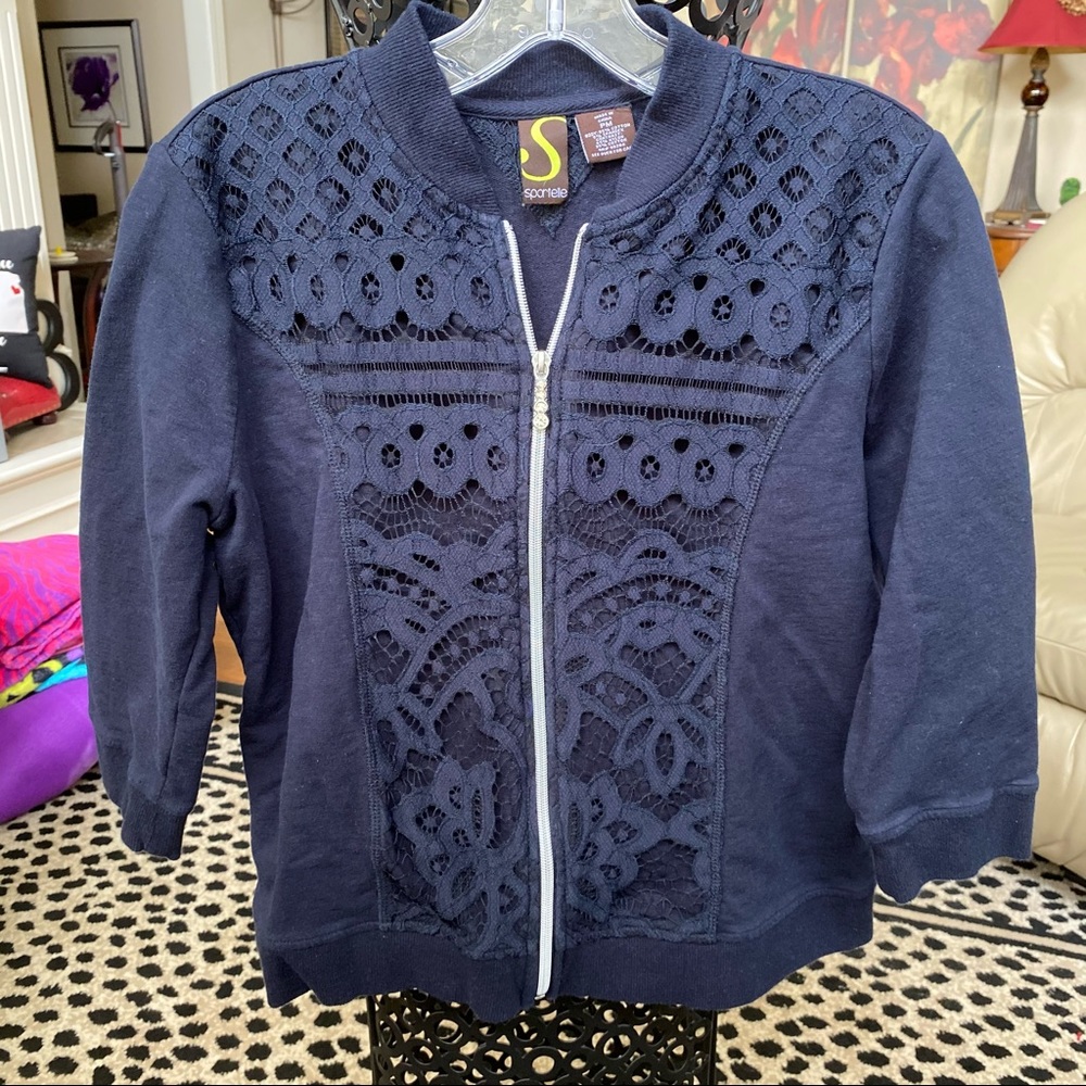 Spartelle lace overlay navy zip down jacket PM